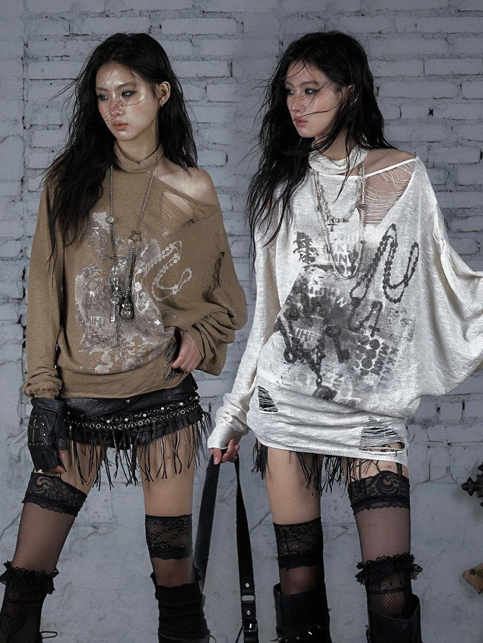 NO ROMANCE Distressed Street Punk Oversized Asymmetric Neck Women Long Sleeve T-Shirts