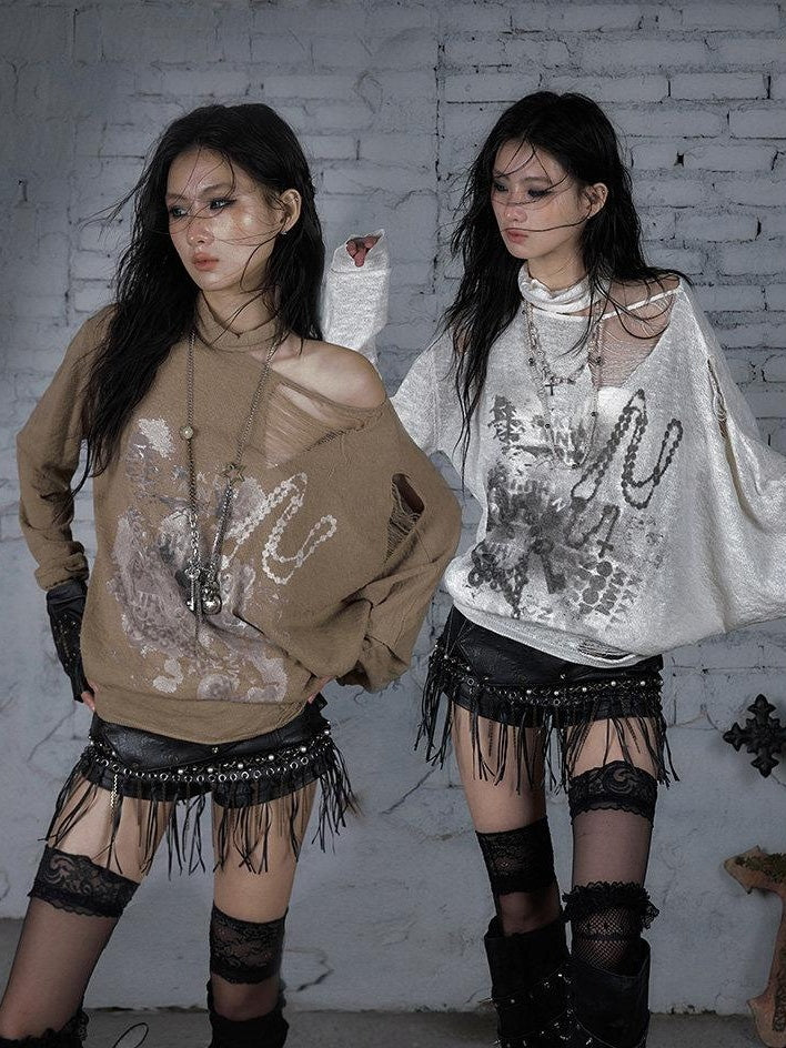 NO ROMANCE Distressed Street Punk Oversized Asymmetric Neck Women Long Sleeve T-Shirts