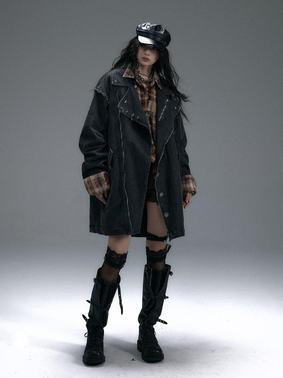 NO ROMANCE Distressed Thick Cotton Loose Fit Street Punk Mid Length Zipper Casual Jackets