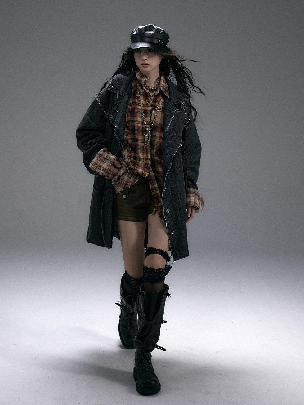 NO ROMANCE Distressed Thick Cotton Loose Fit Street Punk Mid Length Zipper Casual Jackets