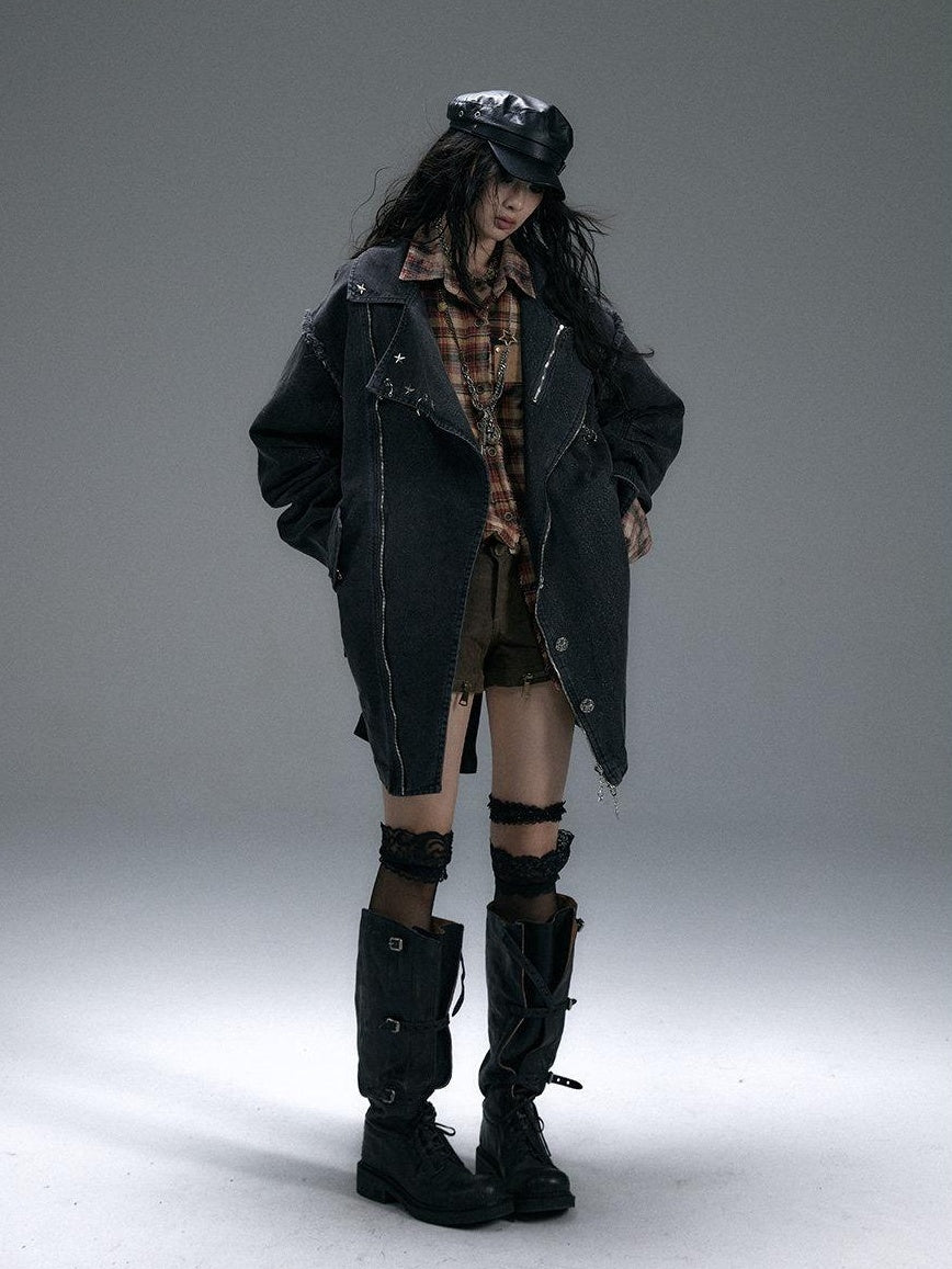 NO ROMANCE Distressed Thick Cotton Loose Fit Street Punk Mid Length Zipper Casual Jackets