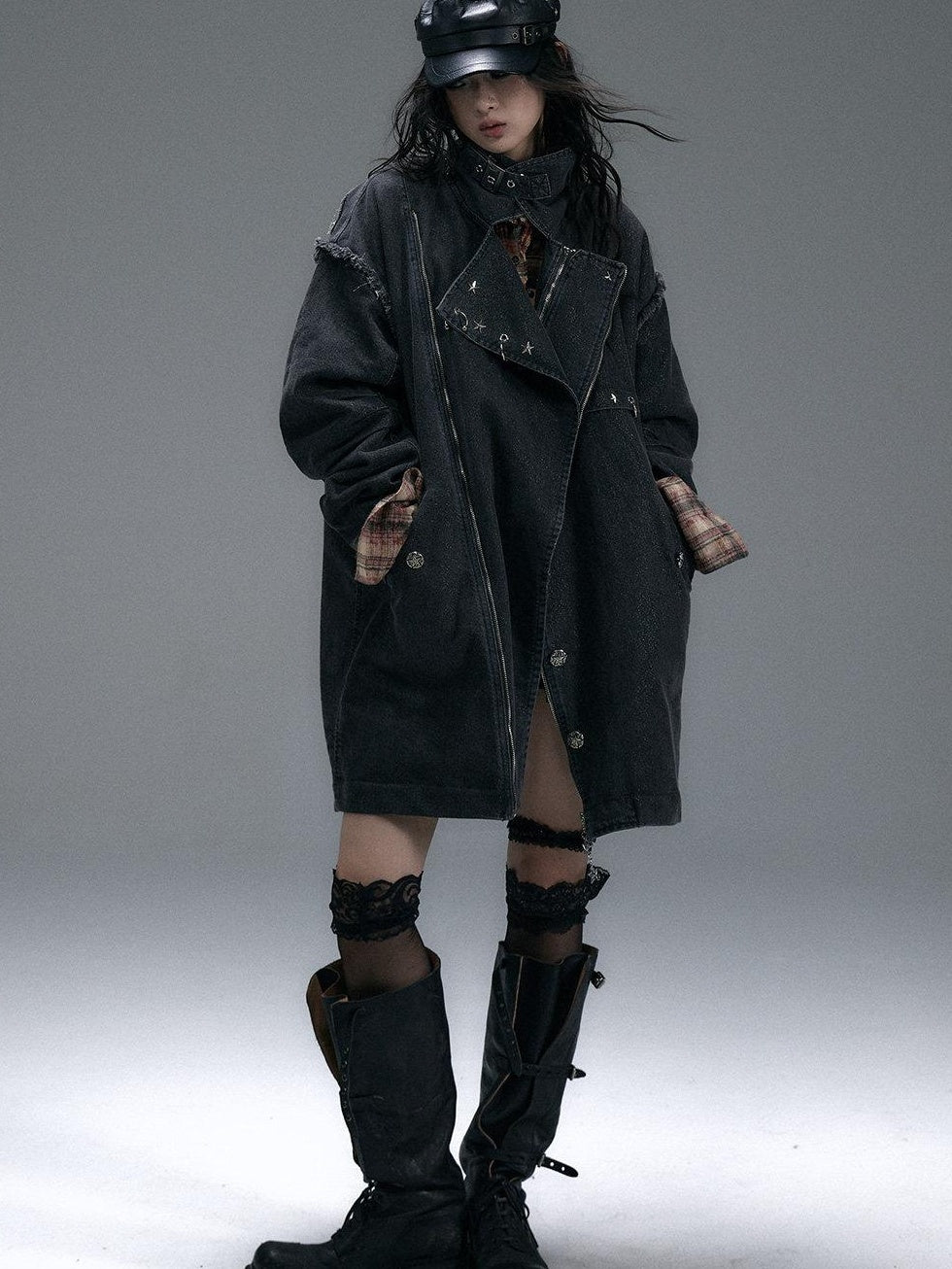 NO ROMANCE Distressed Thick Cotton Loose Fit Street Punk Mid Length Zipper Casual Jackets