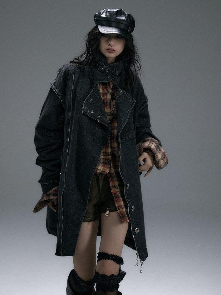NO ROMANCE Distressed Thick Cotton Loose Fit Street Punk Mid Length Zipper Casual Jackets