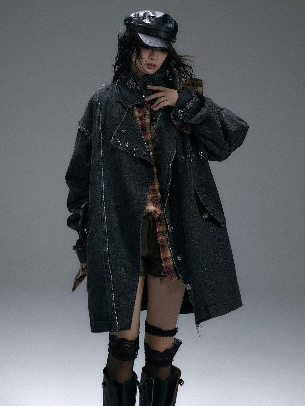 NO ROMANCE Distressed Thick Cotton Loose Fit Street Punk Mid Length Zipper Casual Jackets