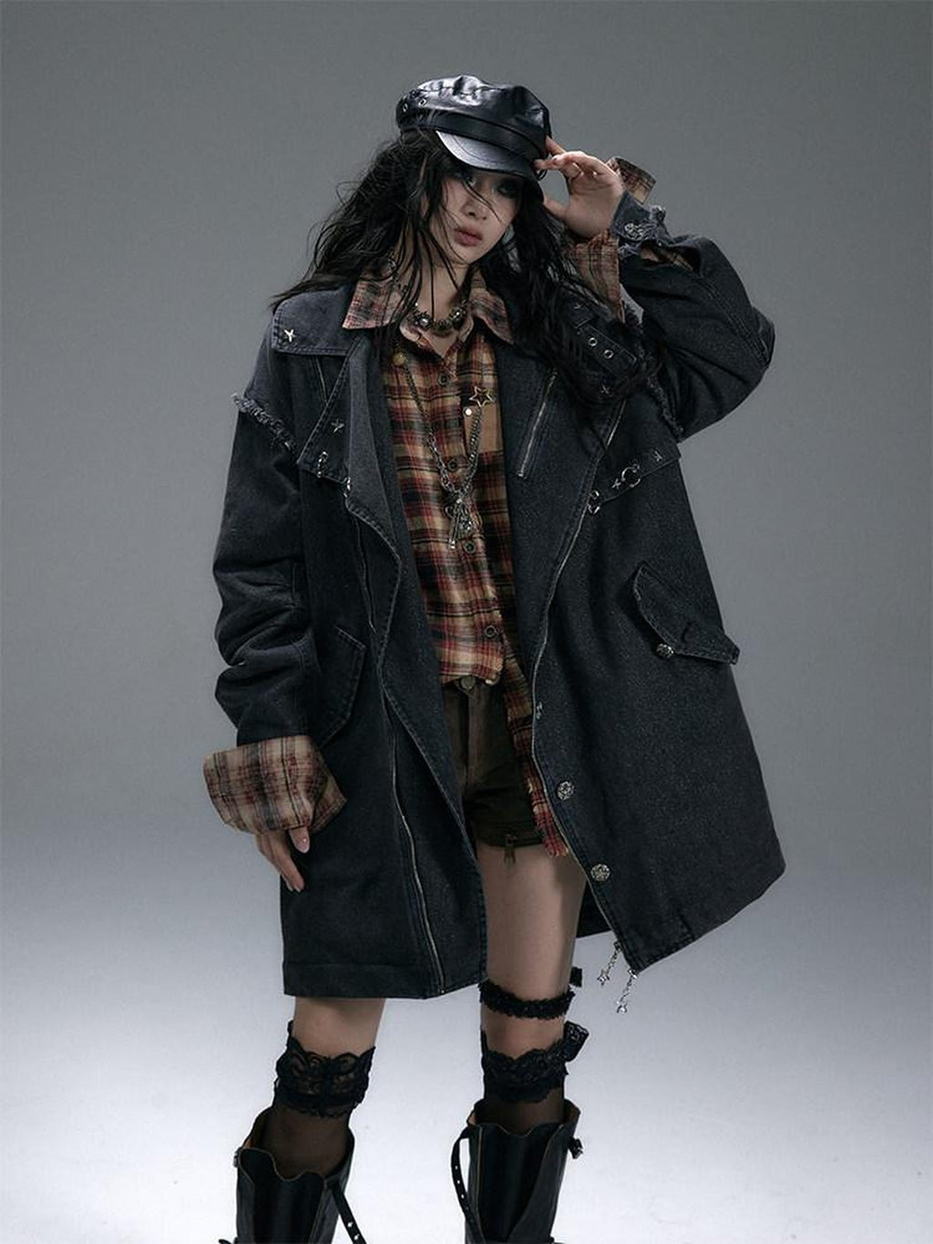 NO ROMANCE Distressed Thick Cotton Loose Fit Street Punk Mid Length Zipper Casual Jackets
