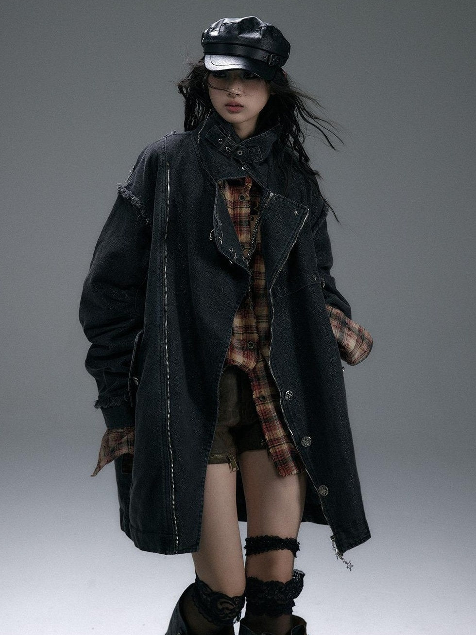 NO ROMANCE Distressed Thick Cotton Loose Fit Street Punk Mid Length Zipper Casual Jackets
