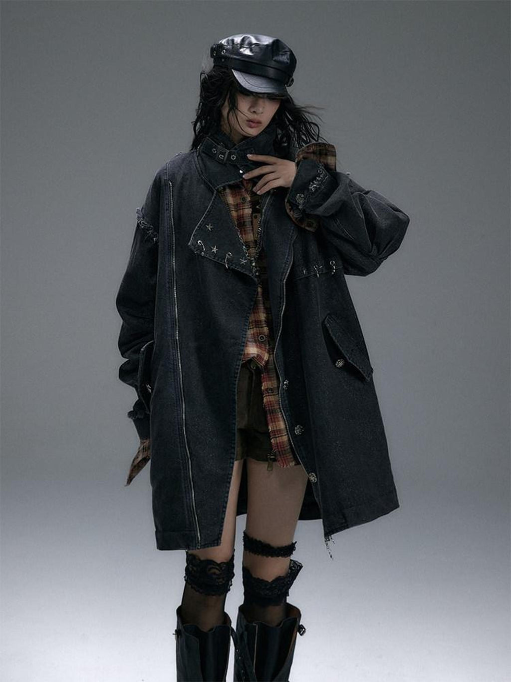 NO ROMANCE Distressed Thick Cotton Loose Fit Street Punk Mid Length Zipper Casual Jackets
