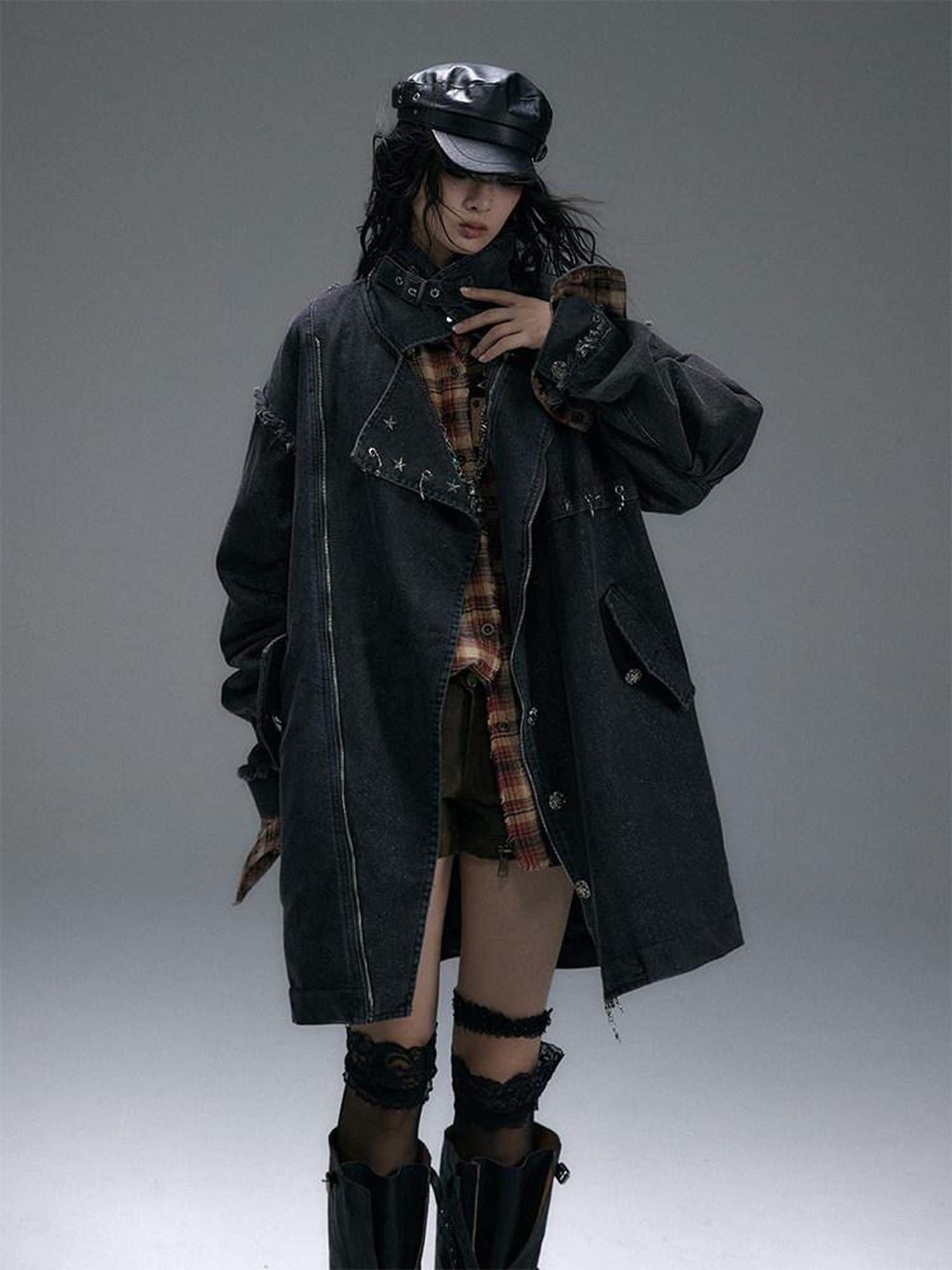 NO ROMANCE Distressed Thick Cotton Loose Fit Street Punk Mid Length Zipper Casual Jackets