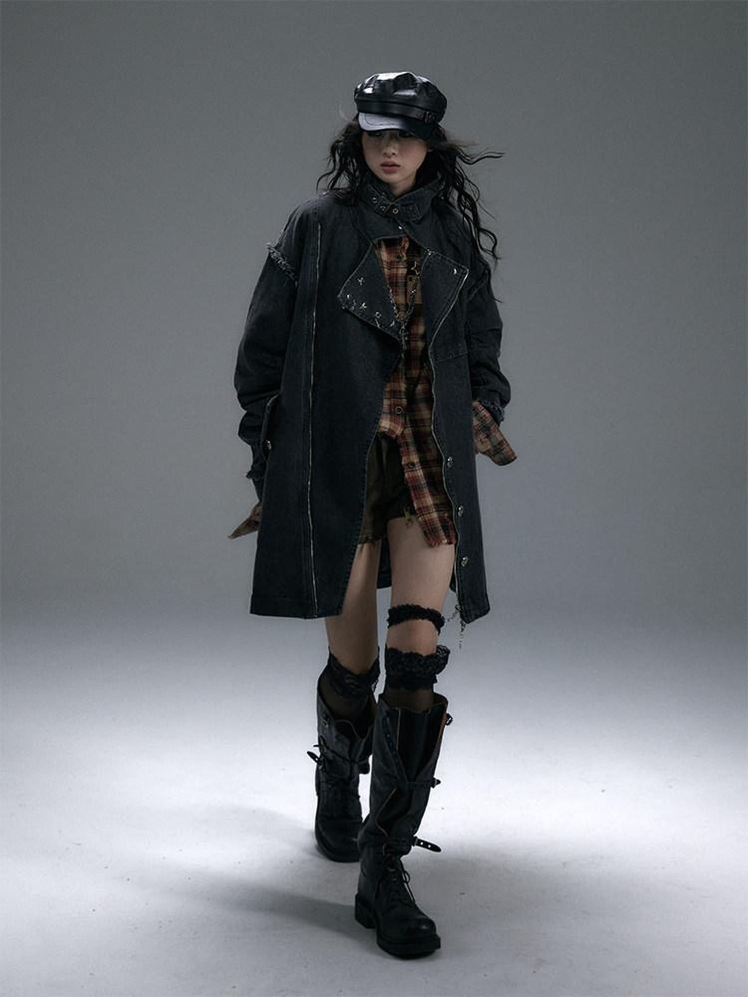 NO ROMANCE Distressed Thick Cotton Loose Fit Street Punk Mid Length Zipper Casual Jackets