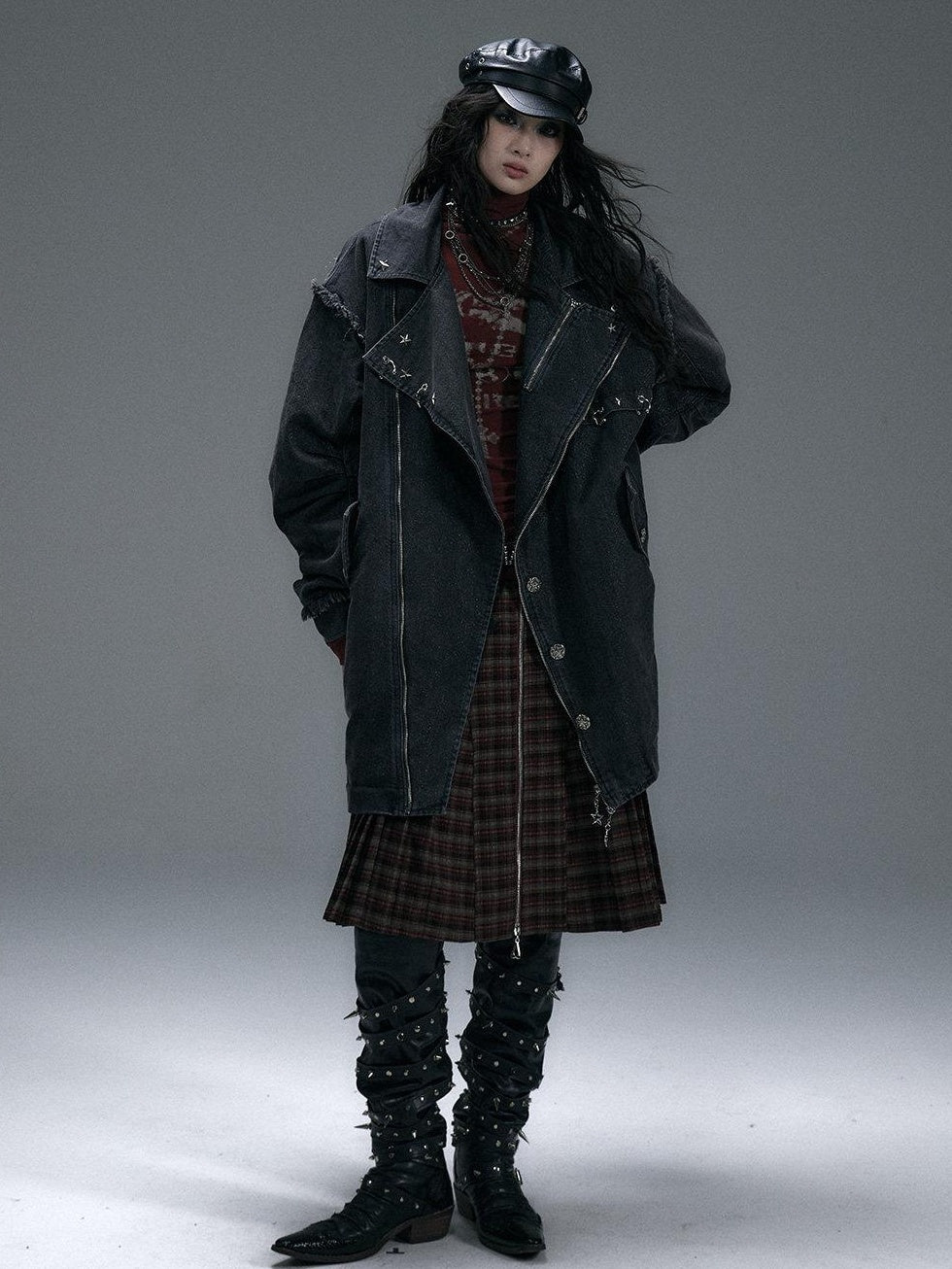 NO ROMANCE Distressed Thick Cotton Loose Fit Street Punk Mid Length Zipper Casual Jackets