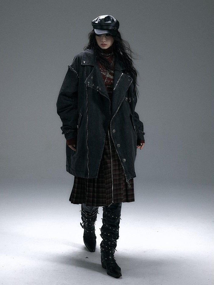 NO ROMANCE Distressed Thick Cotton Loose Fit Street Punk Mid Length Zipper Casual Jackets