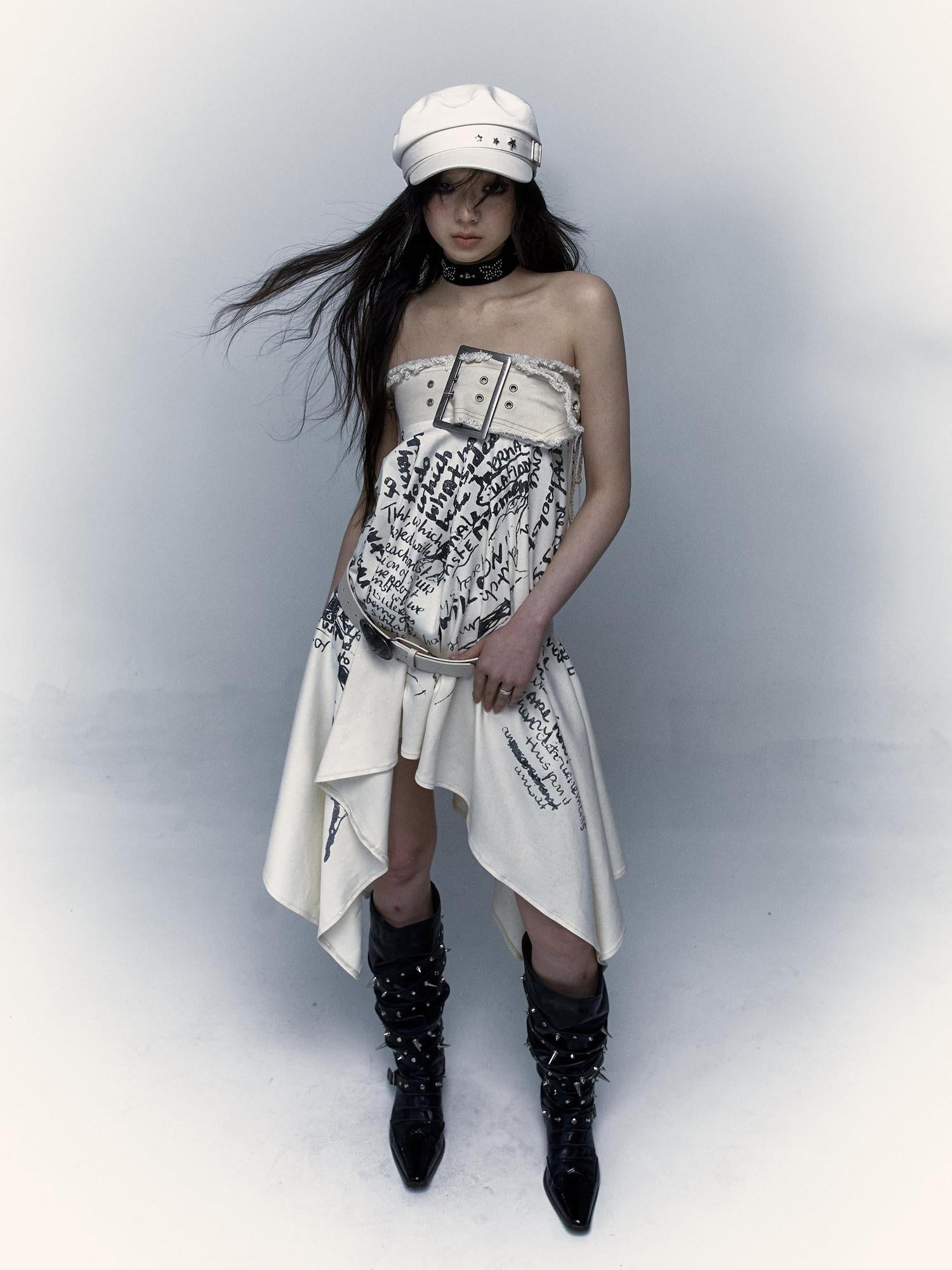 NO ROMANCE Edgy Printed High Waist Asymmetrical Slim Fit Travel Party Casual Midi Dresses