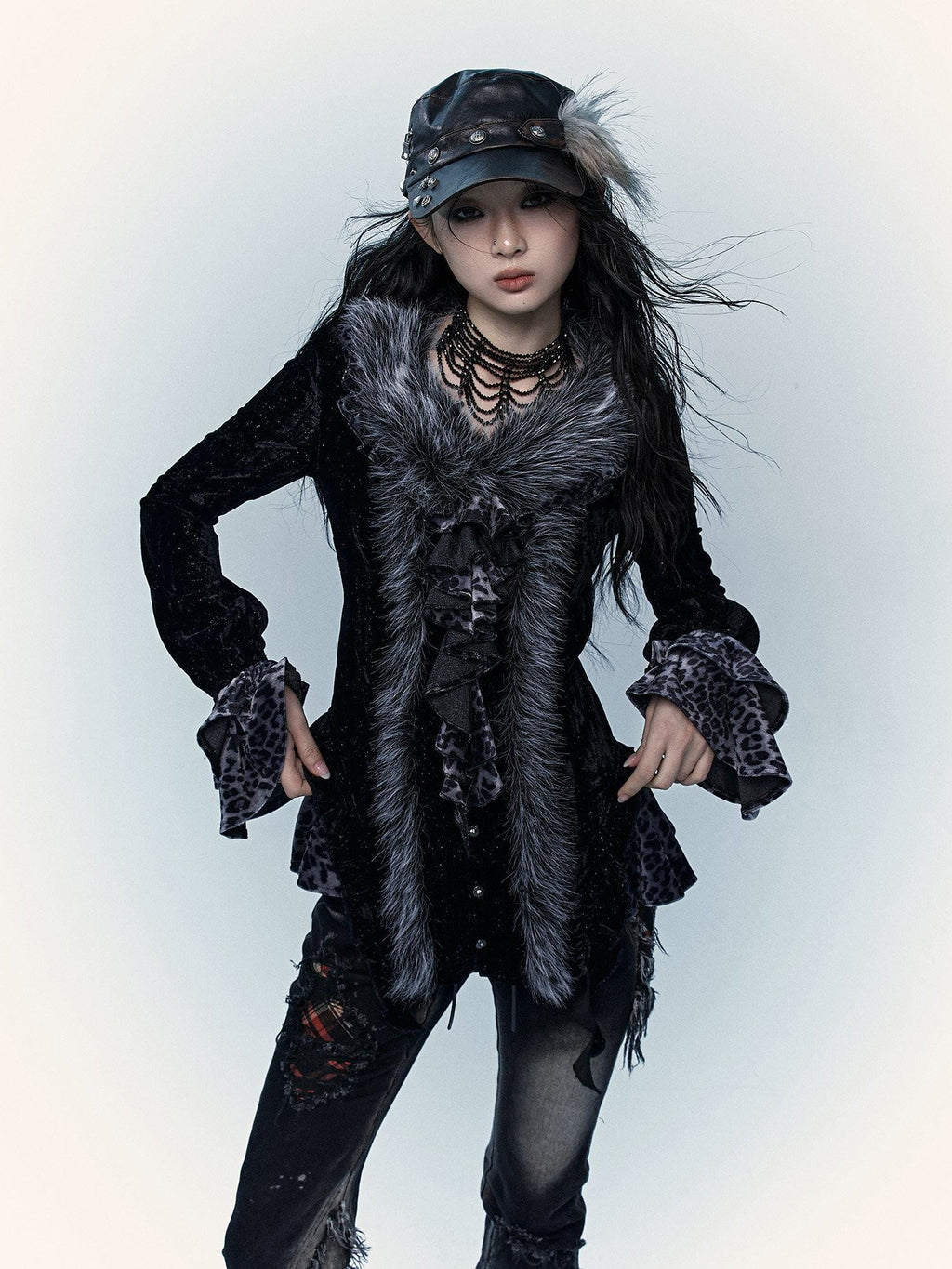 NO ROMANCE Edgy Punk Slim Fit Faux Fur Collar V-neck Long Sleeve Leopard Print Blouses