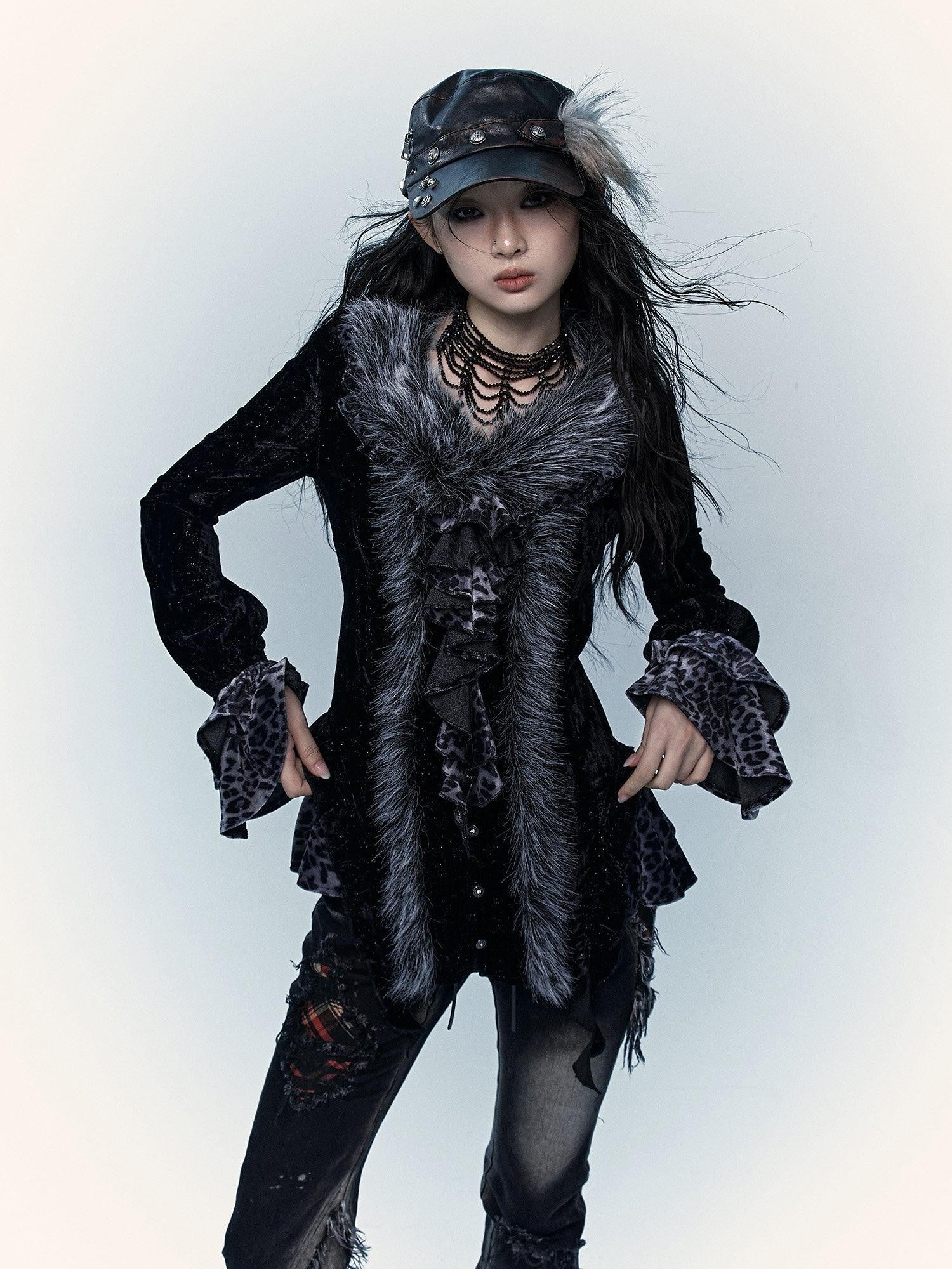 NO ROMANCE Edgy Punk Slim Fit Faux Fur Collar V-neck Long Sleeve Leopard Print Blouses