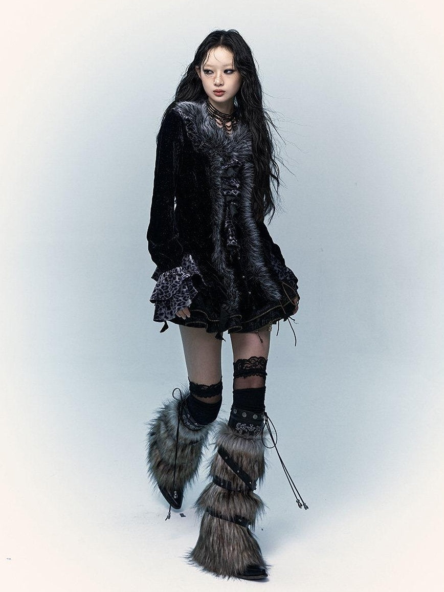 NO ROMANCE Edgy Punk Slim Fit Faux Fur Collar V-neck Long Sleeve Leopard Print Blouses