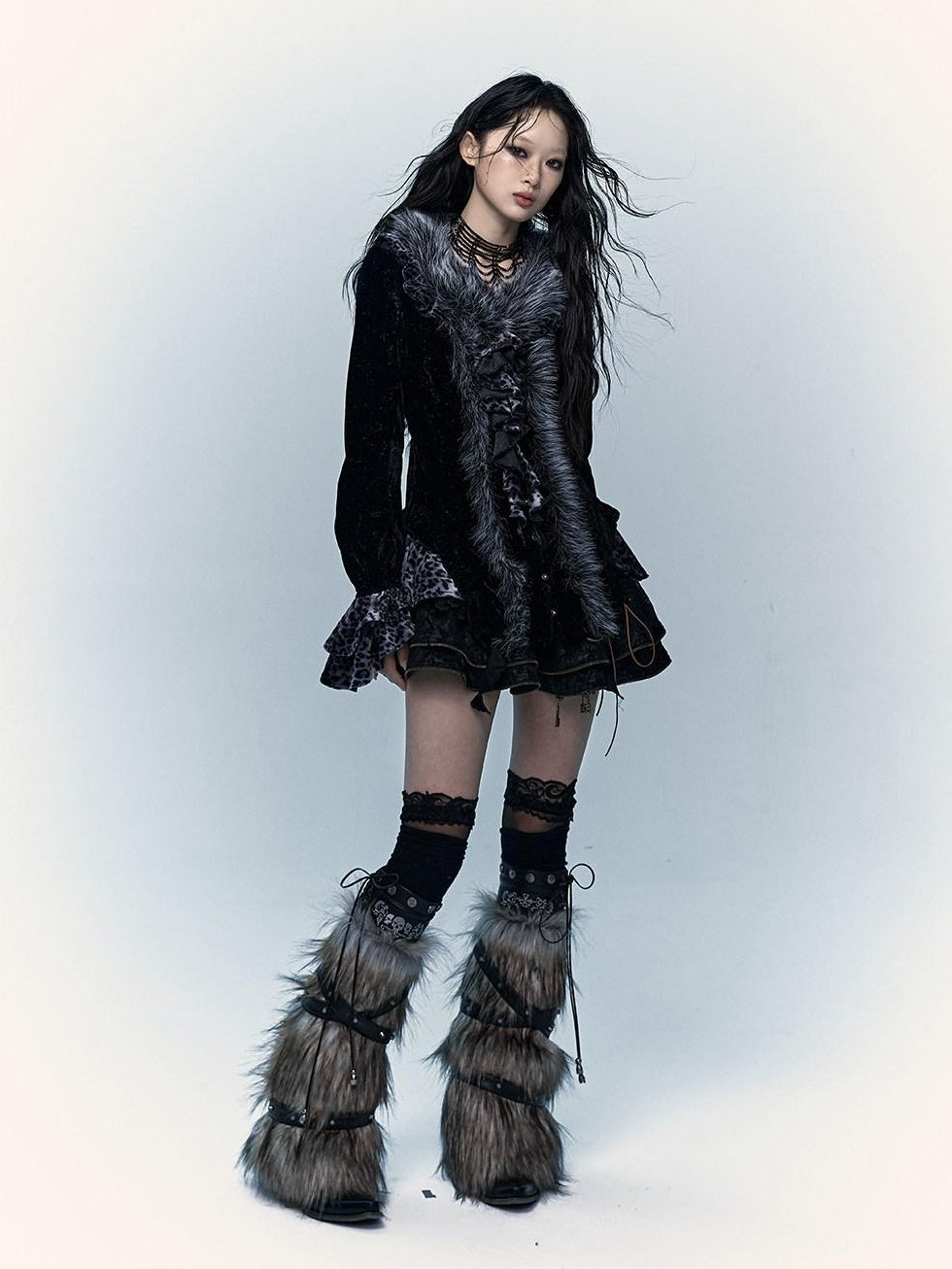 NO ROMANCE Edgy Punk Slim Fit Faux Fur Collar V-neck Long Sleeve Leopard Print Blouses