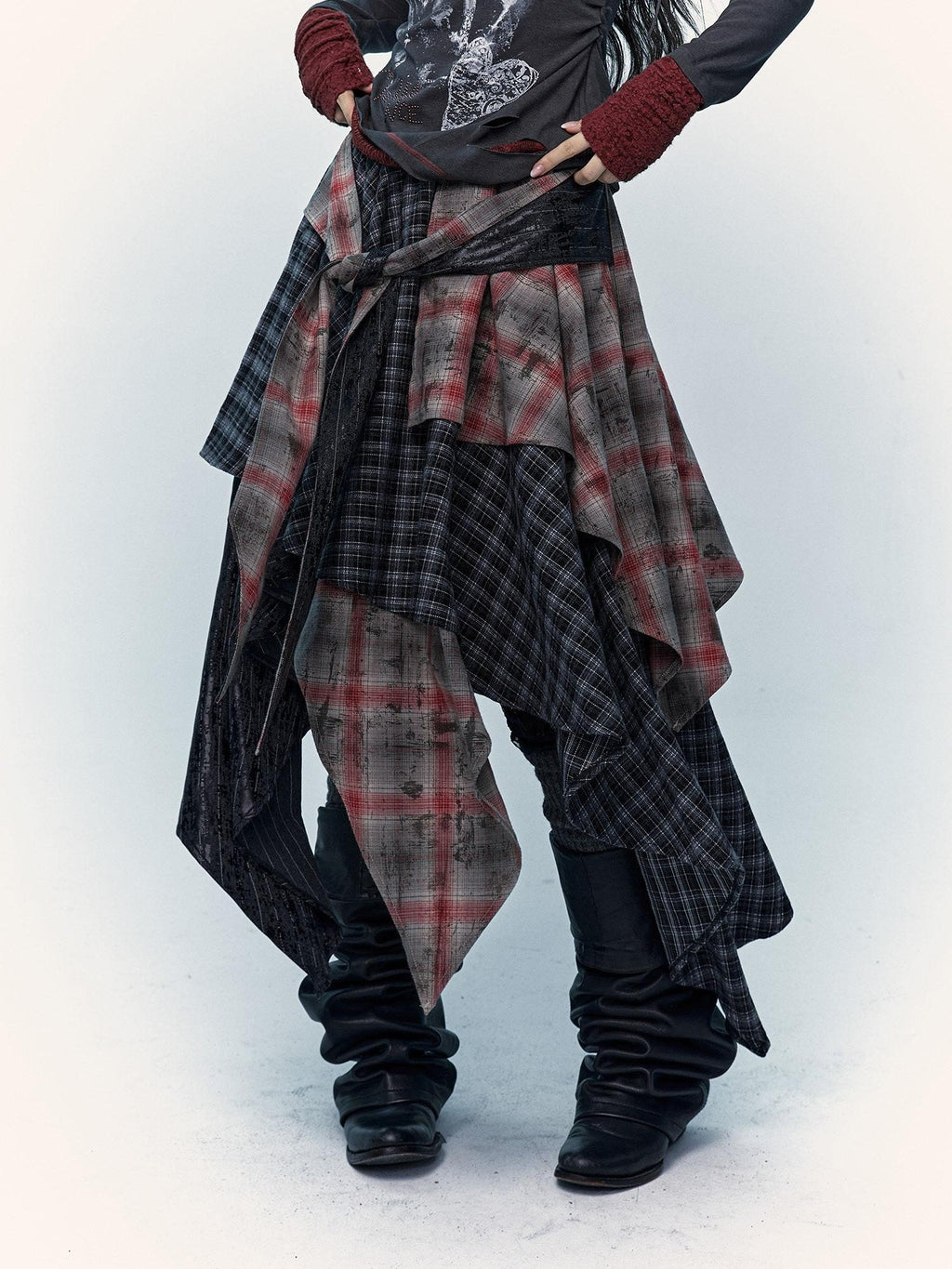 NO ROMANCE Edgy Rocker Asymmetrical Patchwork Mid Waist A Line Travel Ready Maxi Skirts