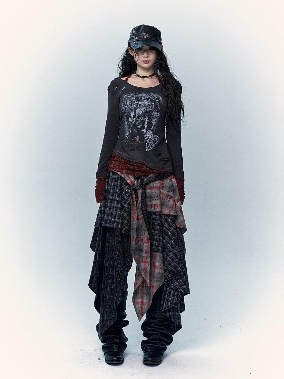 NO ROMANCE Edgy Rocker Asymmetrical Patchwork Mid Waist A Line Travel Ready Maxi Skirts