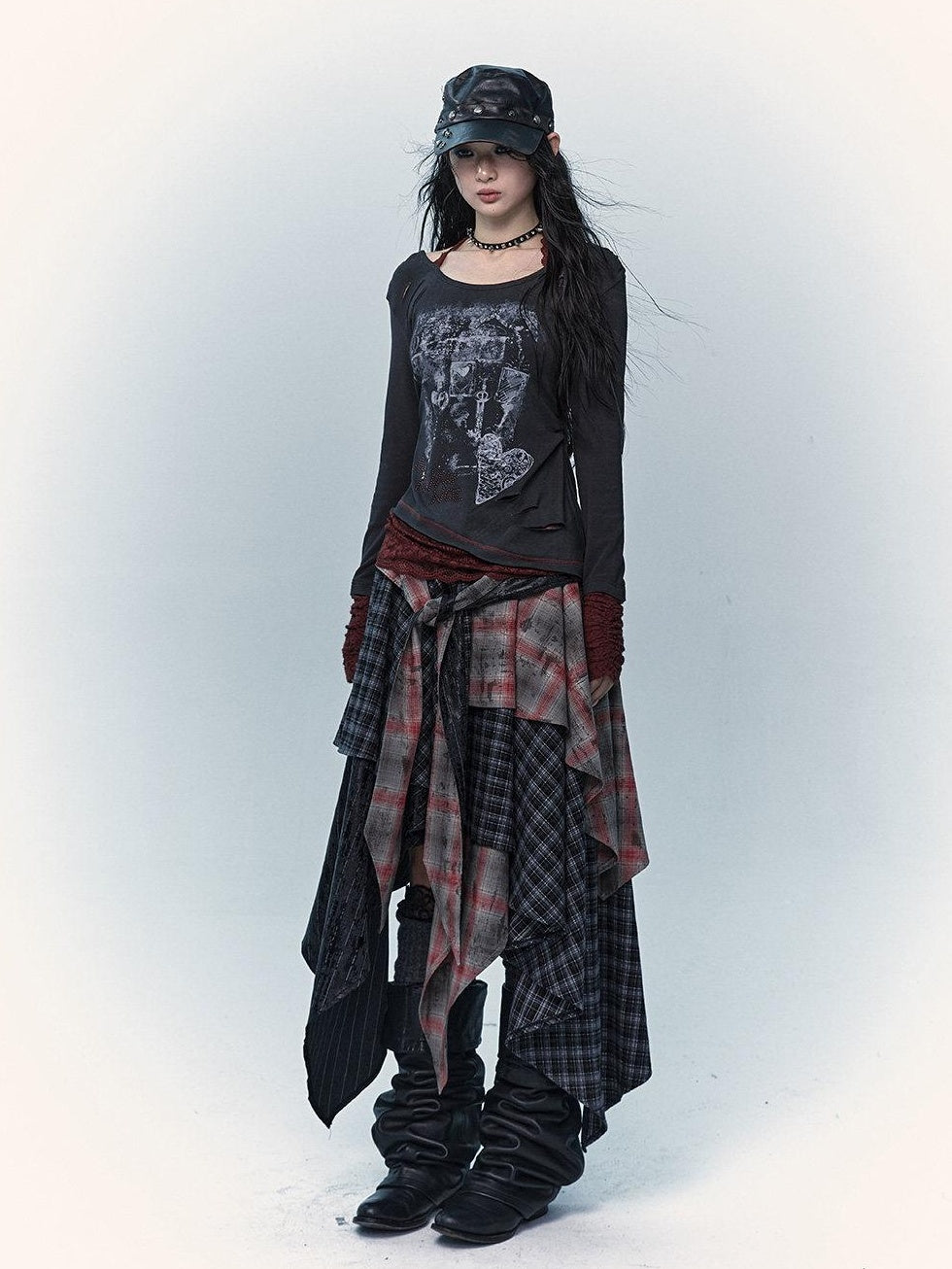 NO ROMANCE Edgy Rocker Asymmetrical Patchwork Mid Waist A Line Travel Ready Maxi Skirts