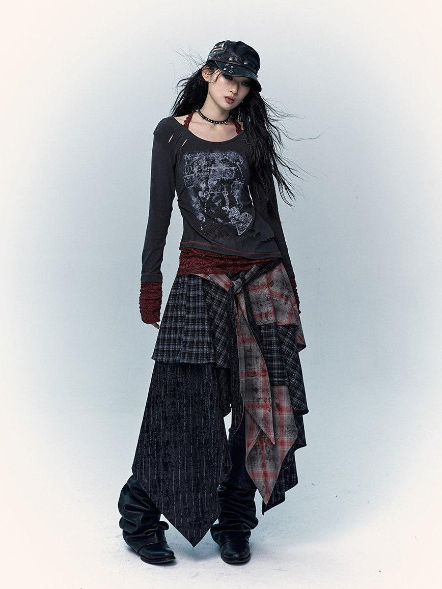 NO ROMANCE Edgy Rocker Asymmetrical Patchwork Mid Waist A Line Travel Ready Maxi Skirts