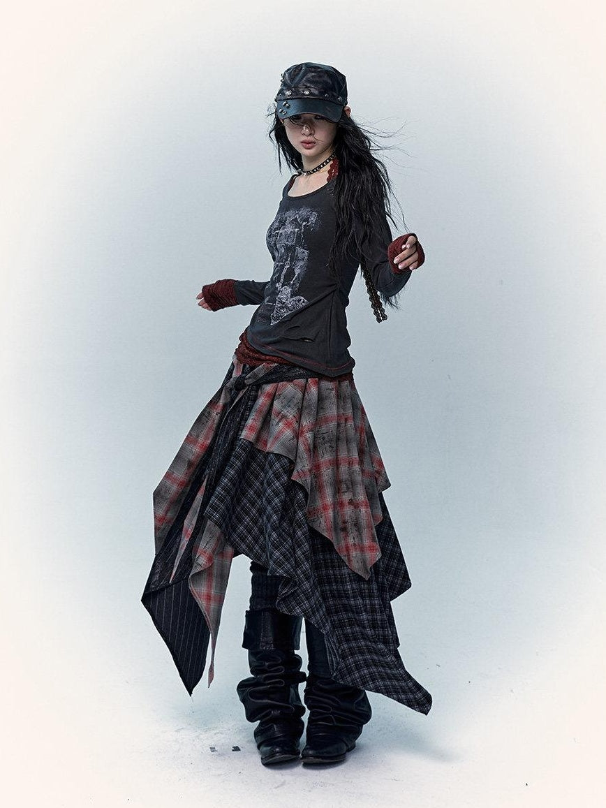 NO ROMANCE Edgy Rocker Asymmetrical Patchwork Mid Waist A Line Travel Ready Maxi Skirts