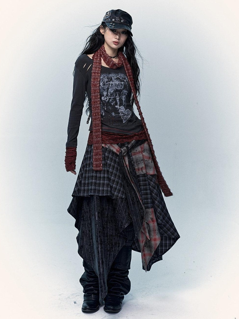 NO ROMANCE Edgy Rocker Asymmetrical Patchwork Mid Waist A Line Travel Ready Maxi Skirts
