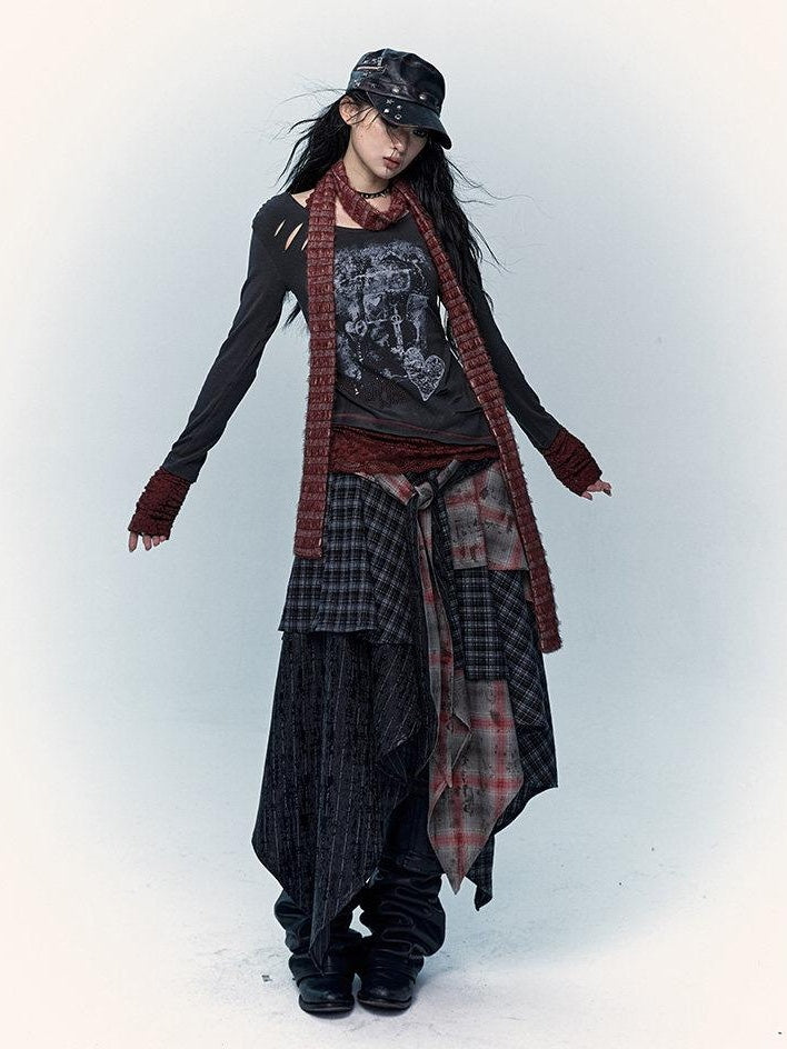 NO ROMANCE Edgy Rocker Asymmetrical Patchwork Mid Waist A Line Travel Ready Maxi Skirts