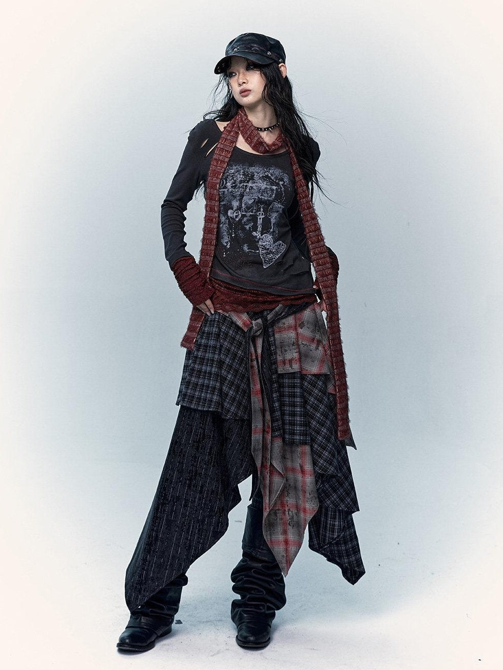NO ROMANCE Edgy Rocker Asymmetrical Patchwork Mid Waist A Line Travel Ready Maxi Skirts