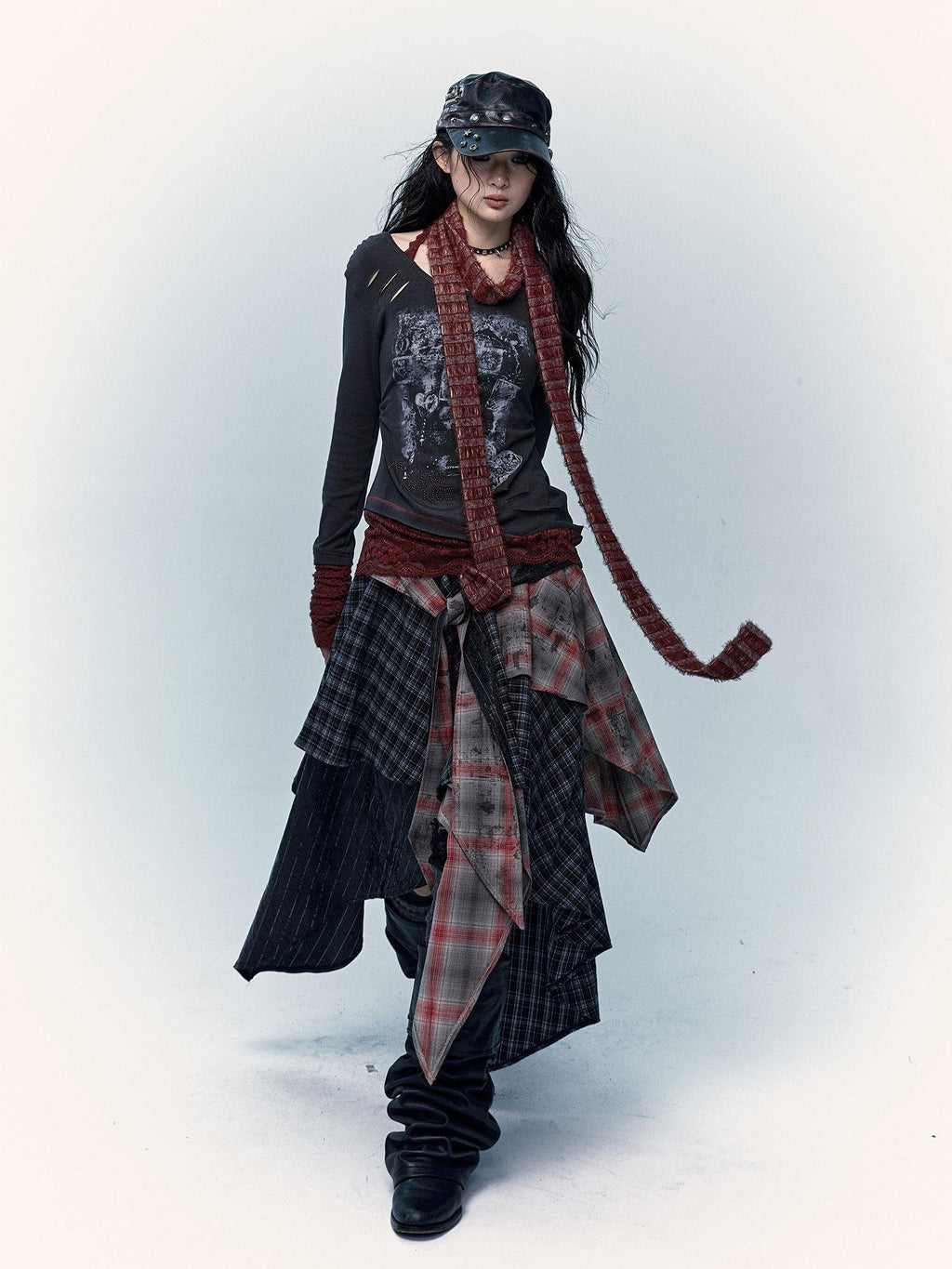 NO ROMANCE Edgy Rocker Asymmetrical Patchwork Mid Waist A Line Travel Ready Maxi Skirts