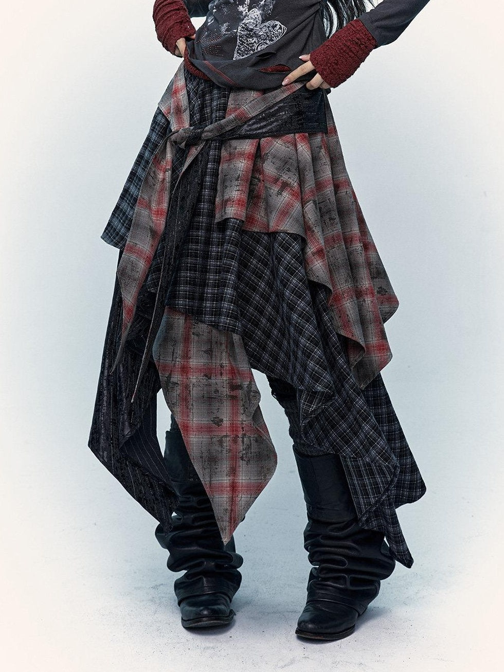 NO ROMANCE Edgy Rocker Asymmetrical Patchwork Mid Waist A Line Travel Ready Maxi Skirts