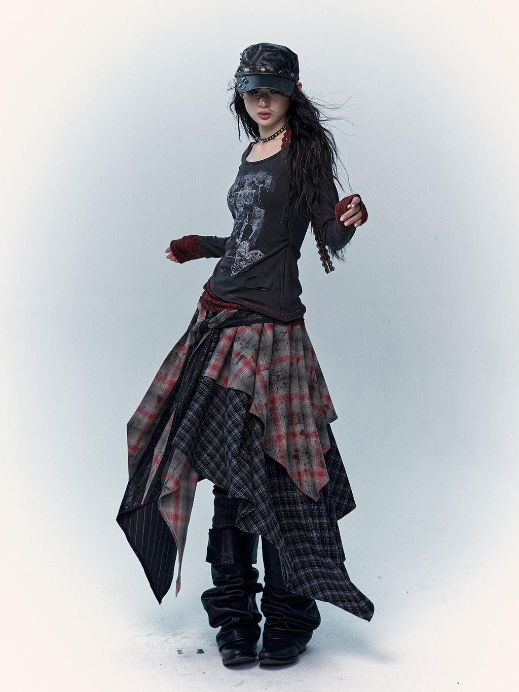 NO ROMANCE Edgy Rocker Asymmetrical Patchwork Mid Waist A Line Travel Ready Maxi Skirts