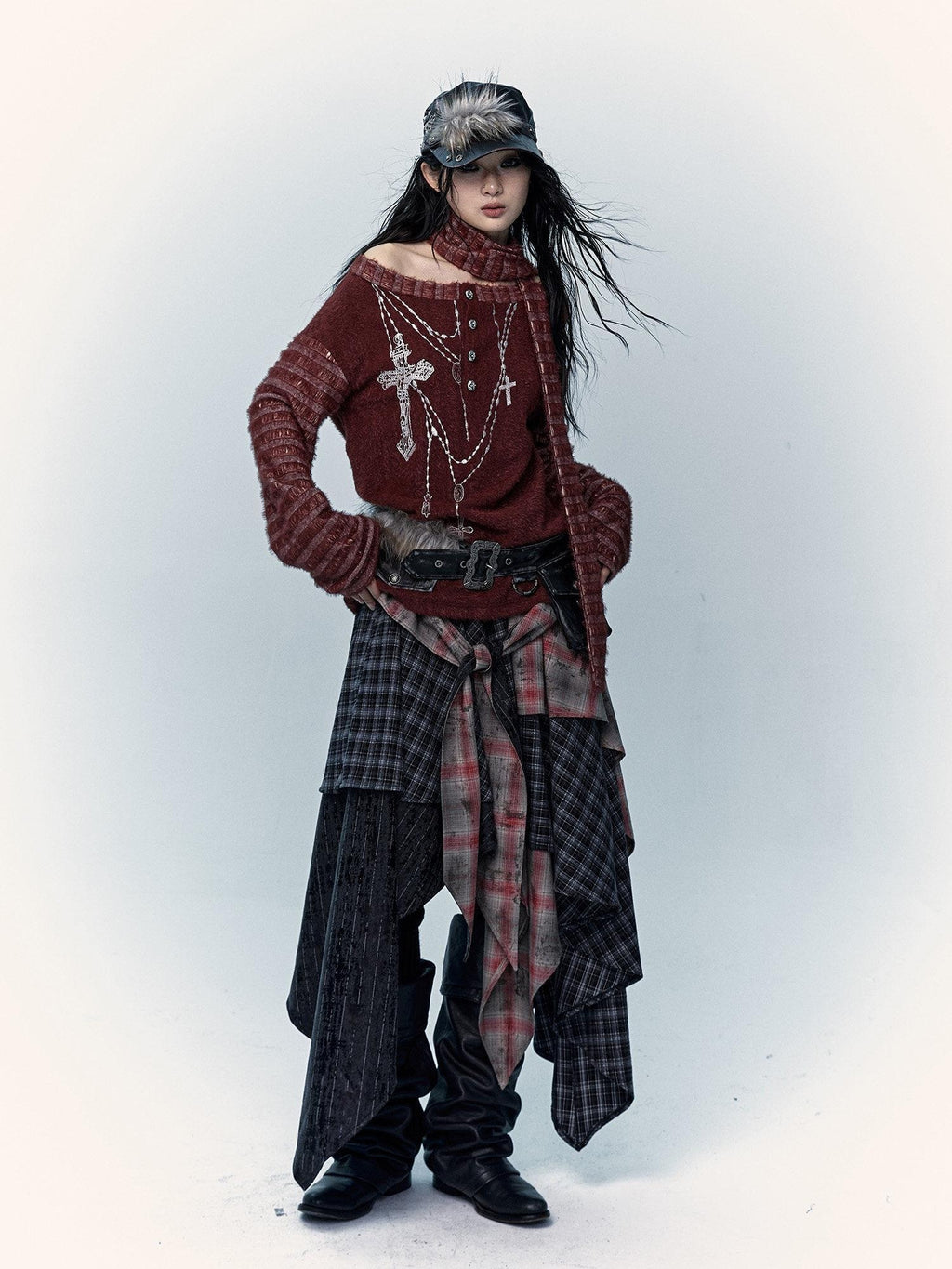 NO ROMANCE Edgy Rocker Asymmetrical Patchwork Mid Waist A Line Travel Ready Maxi Skirts