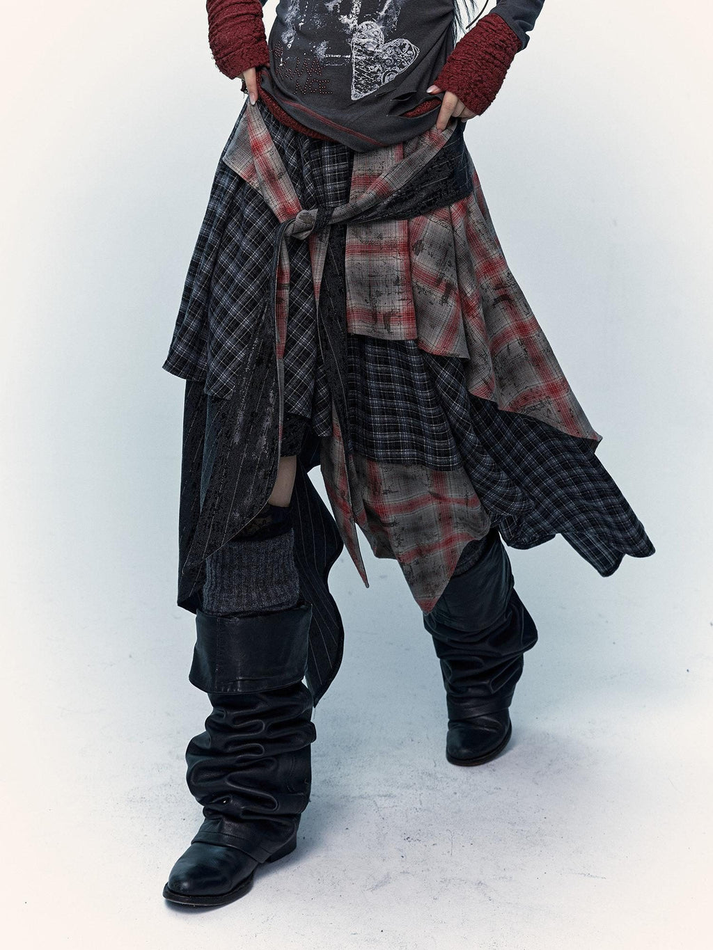 NO ROMANCE Edgy Rocker Asymmetrical Patchwork Mid Waist A Line Travel Ready Maxi Skirts