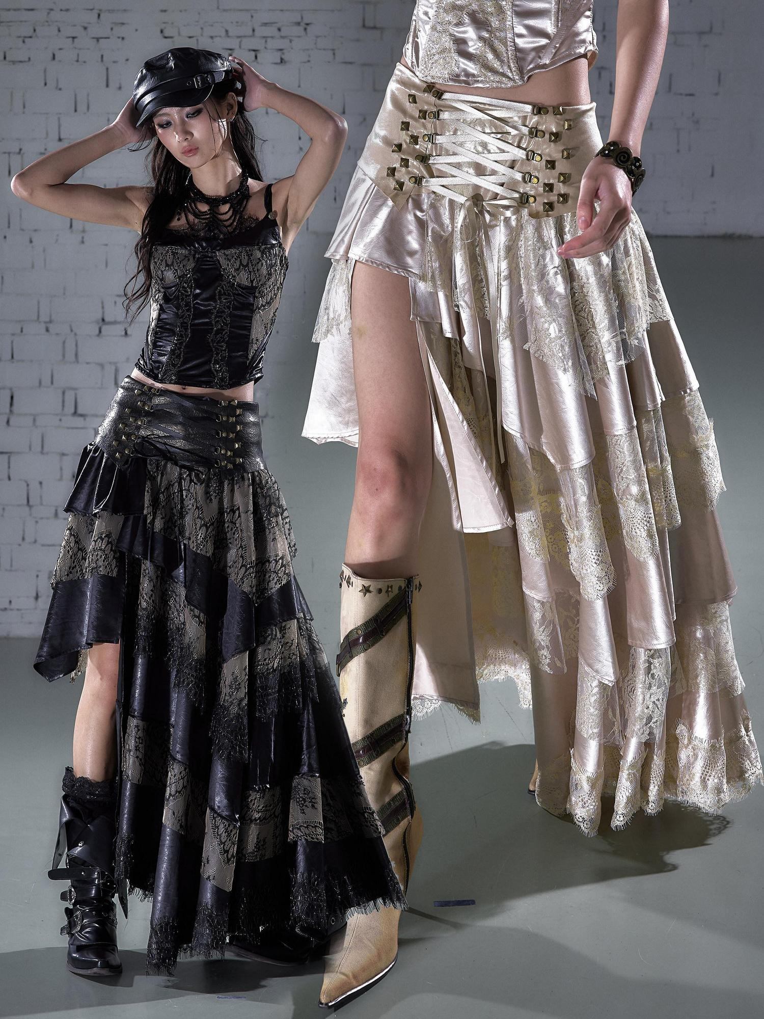 NO ROMANCE Elegant Lace Asymmetric Tie Patchwork Mid Waist For Women Midi Skirts