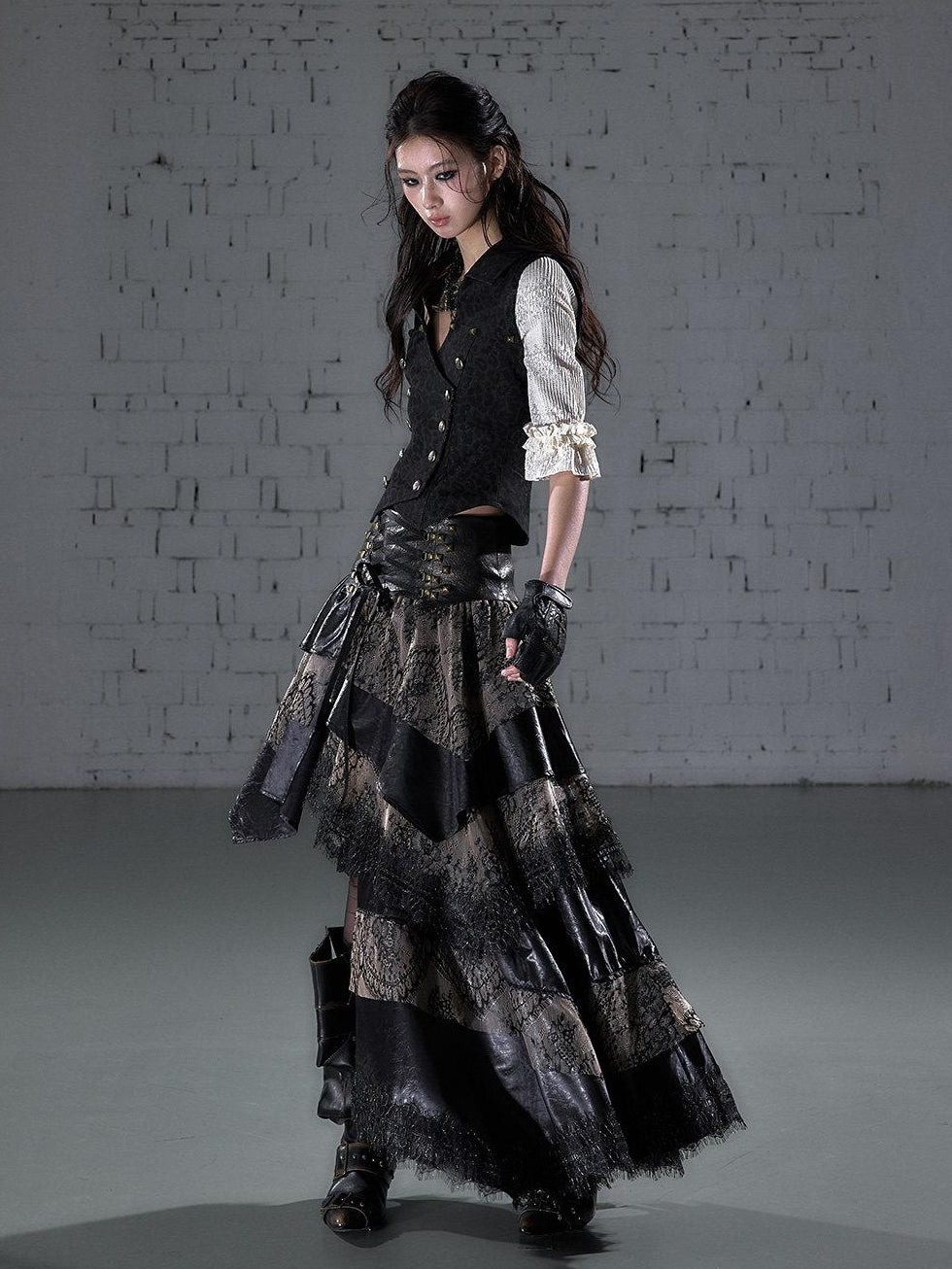 NO ROMANCE Elegant Lace Asymmetric Tie Patchwork Mid Waist For Women Midi Skirts