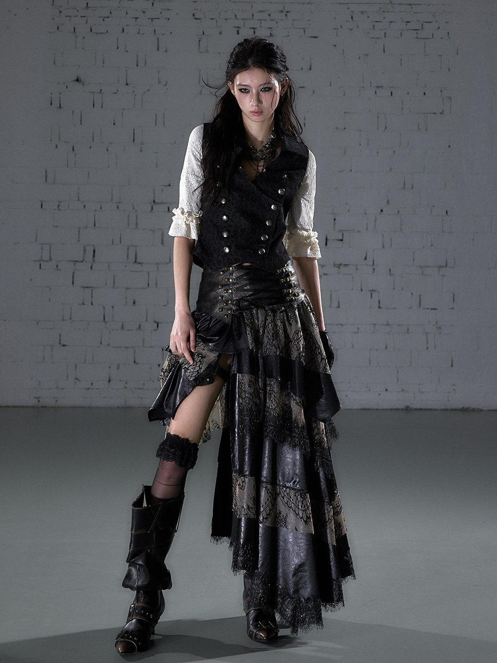 NO ROMANCE Elegant Lace Asymmetric Tie Patchwork Mid Waist For Women Midi Skirts