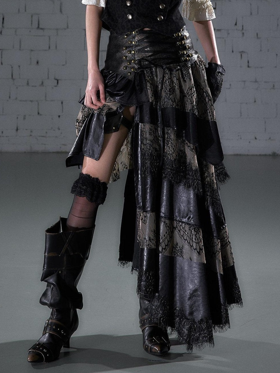 NO ROMANCE Elegant Lace Asymmetric Tie Patchwork Mid Waist For Women Midi Skirts