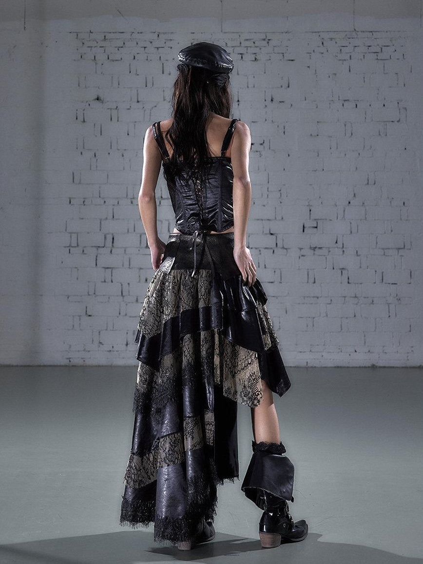 NO ROMANCE Elegant Lace Asymmetric Tie Patchwork Mid Waist For Women Midi Skirts