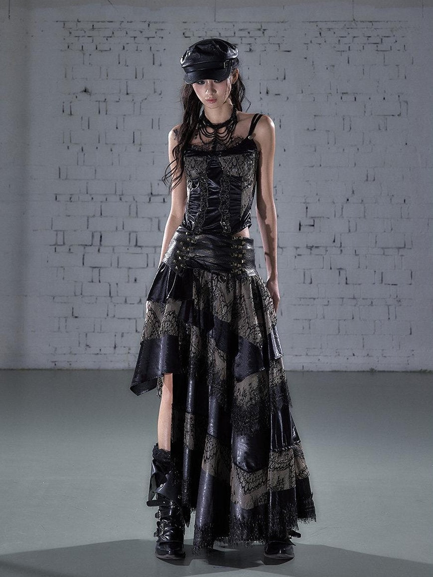 NO ROMANCE Elegant Lace Asymmetric Tie Patchwork Mid Waist For Women Midi Skirts