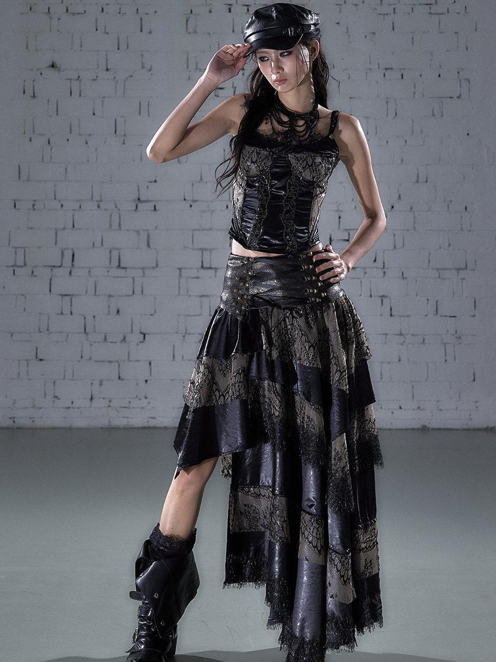 NO ROMANCE Elegant Lace Asymmetric Tie Patchwork Mid Waist For Women Midi Skirts