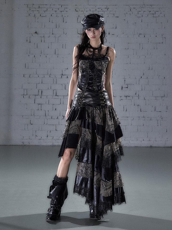 NO ROMANCE Elegant Lace Asymmetric Tie Patchwork Mid Waist For Women Midi Skirts
