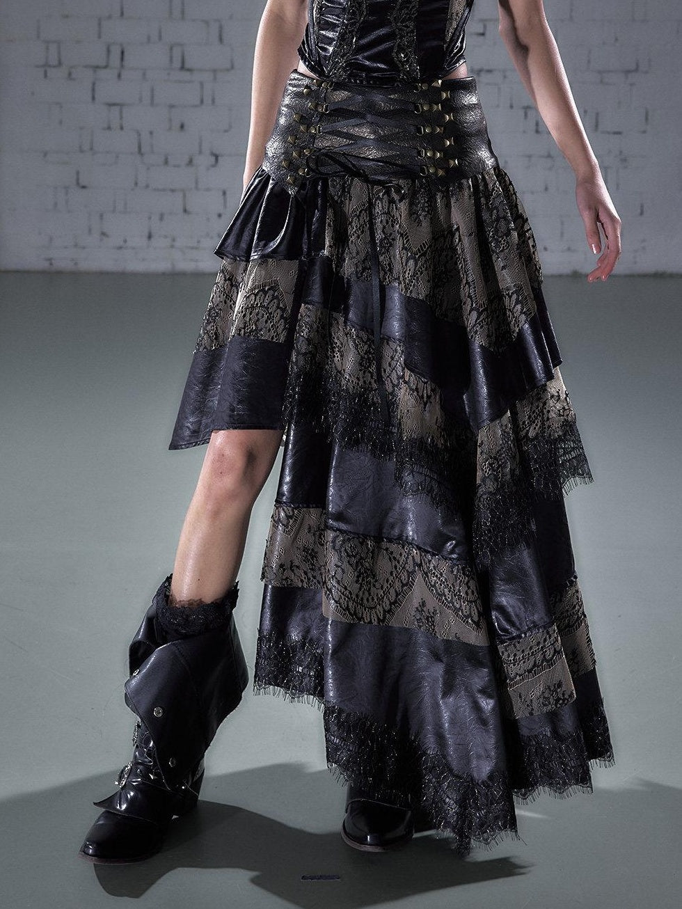 NO ROMANCE Elegant Lace Asymmetric Tie Patchwork Mid Waist For Women Midi Skirts