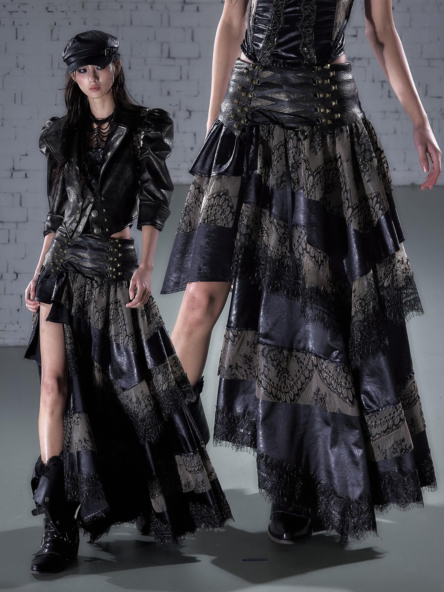 NO ROMANCE Elegant Lace Asymmetric Tie Patchwork Mid Waist For Women Midi Skirts