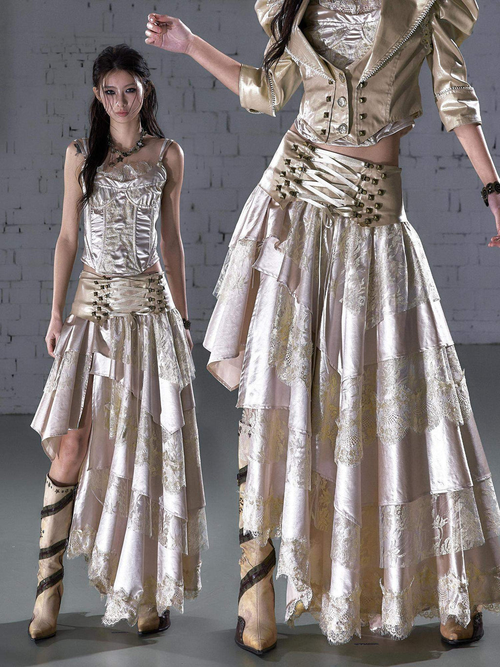 NO ROMANCE Elegant Lace Asymmetric Tie Patchwork Mid Waist For Women Midi Skirts
