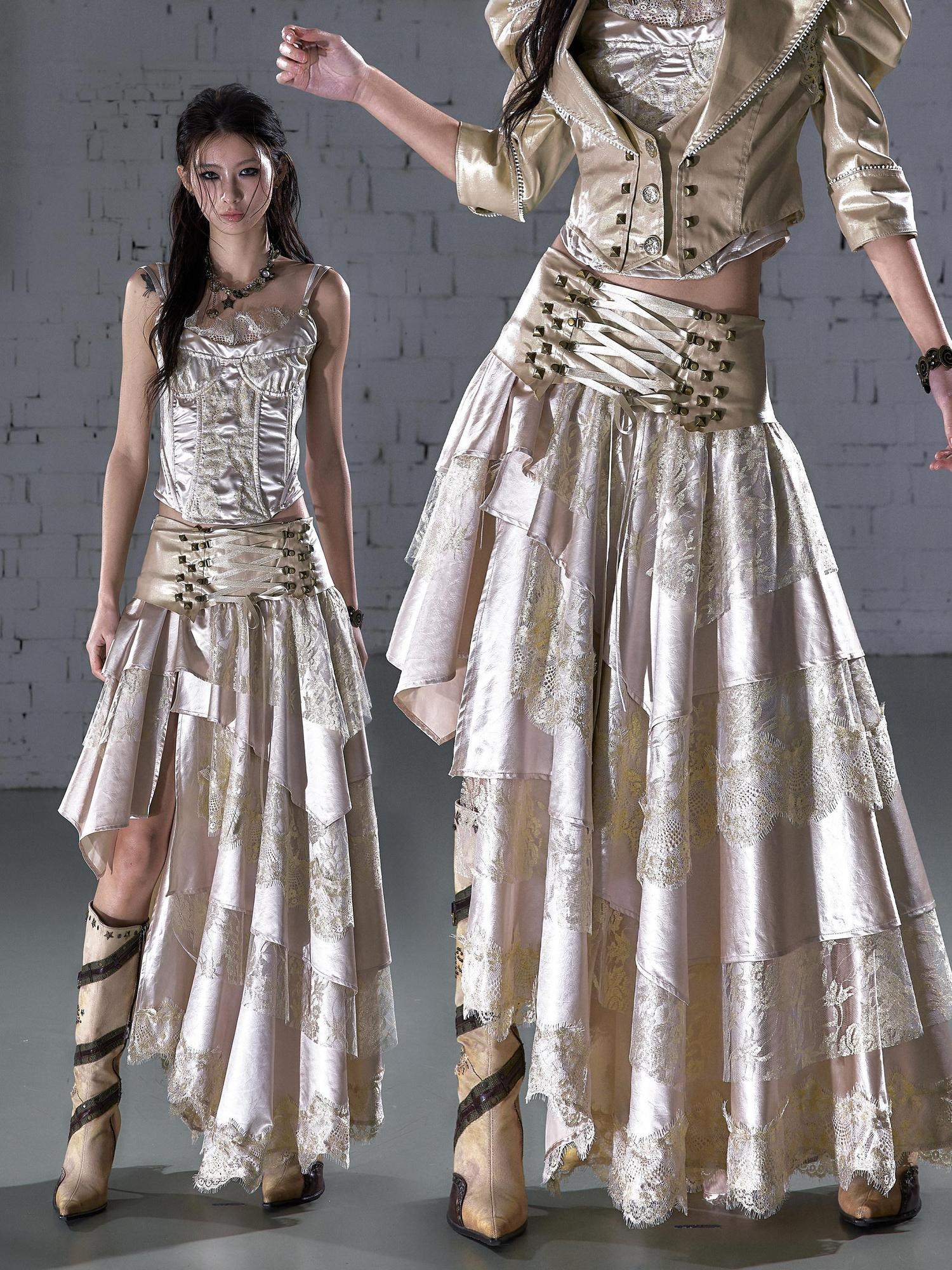 NO ROMANCE Elegant Lace Asymmetric Tie Patchwork Mid Waist For Women Midi Skirts