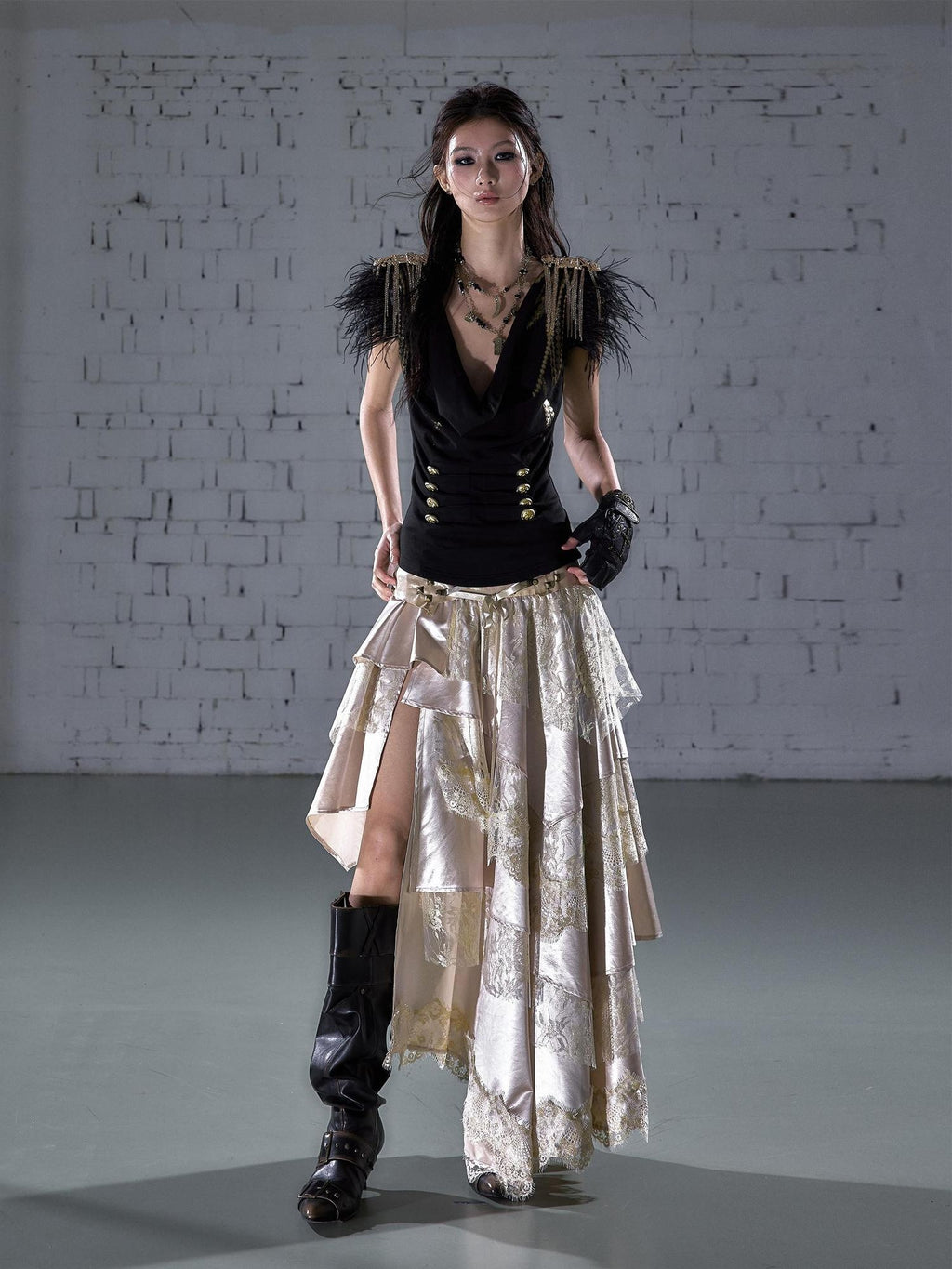 NO ROMANCE Elegant Lace Asymmetric Tie Patchwork Mid Waist For Women Midi Skirts