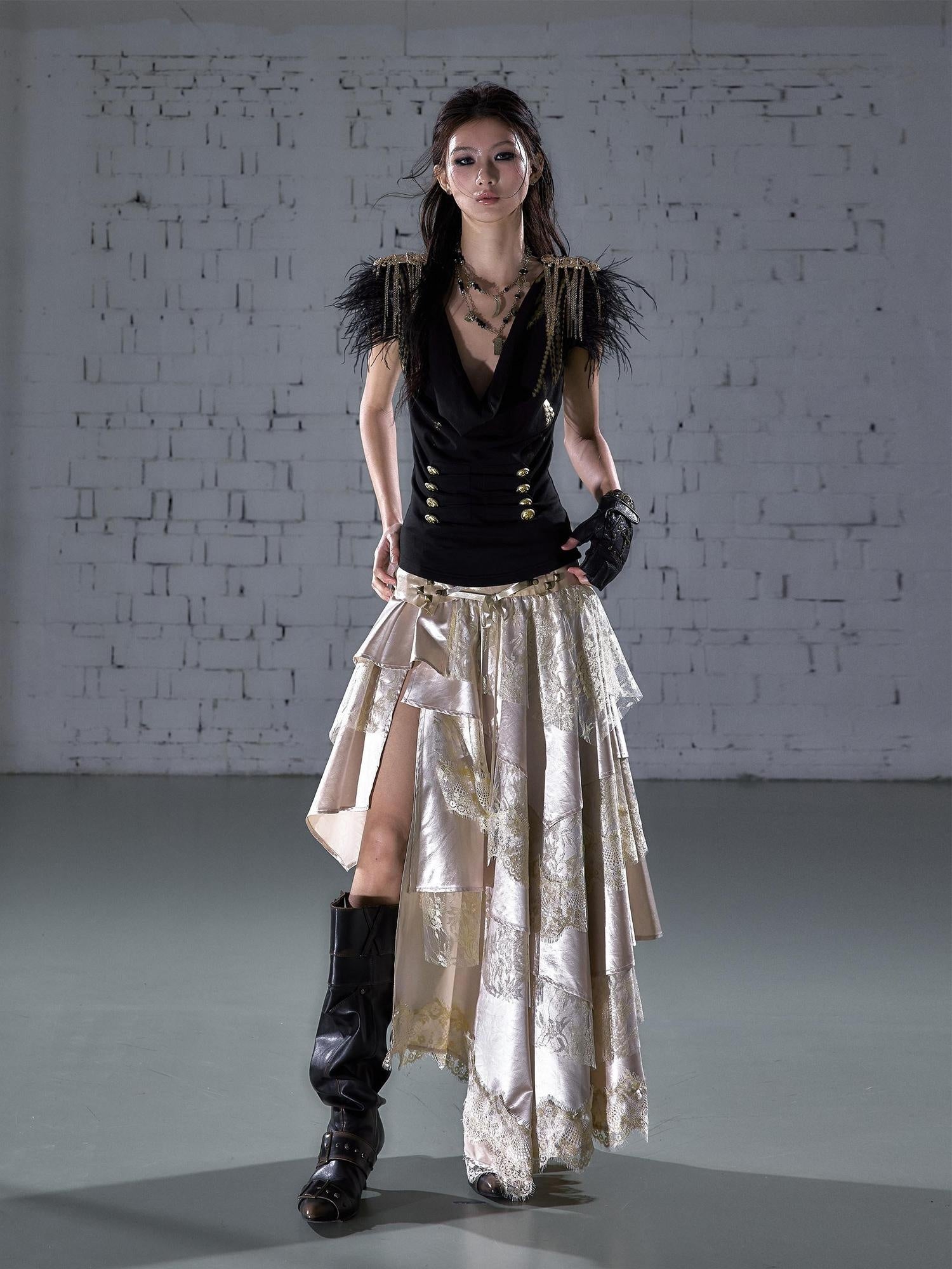 NO ROMANCE Elegant Lace Asymmetric Tie Patchwork Mid Waist For Women Midi Skirts