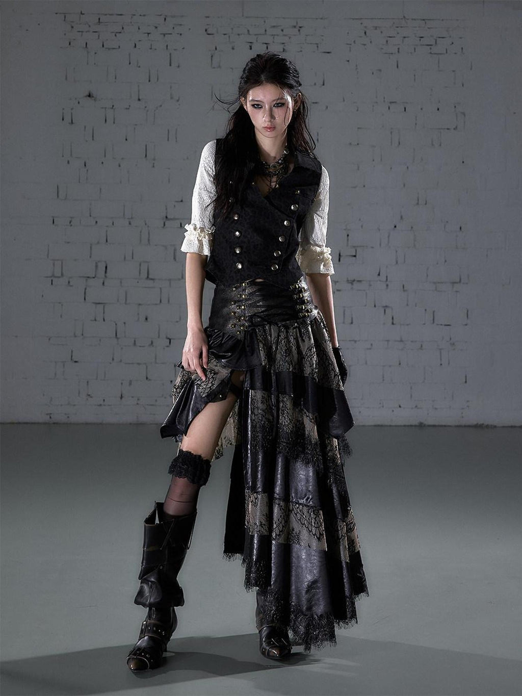 NO ROMANCE Elegant Lace Asymmetric Tie Patchwork Mid Waist For Women Midi Skirts