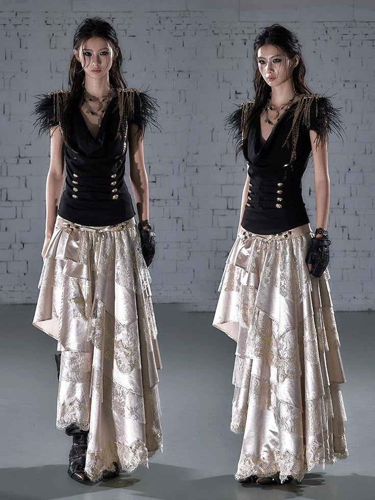 NO ROMANCE Elegant Lace Asymmetric Tie Patchwork Mid Waist For Women Midi Skirts