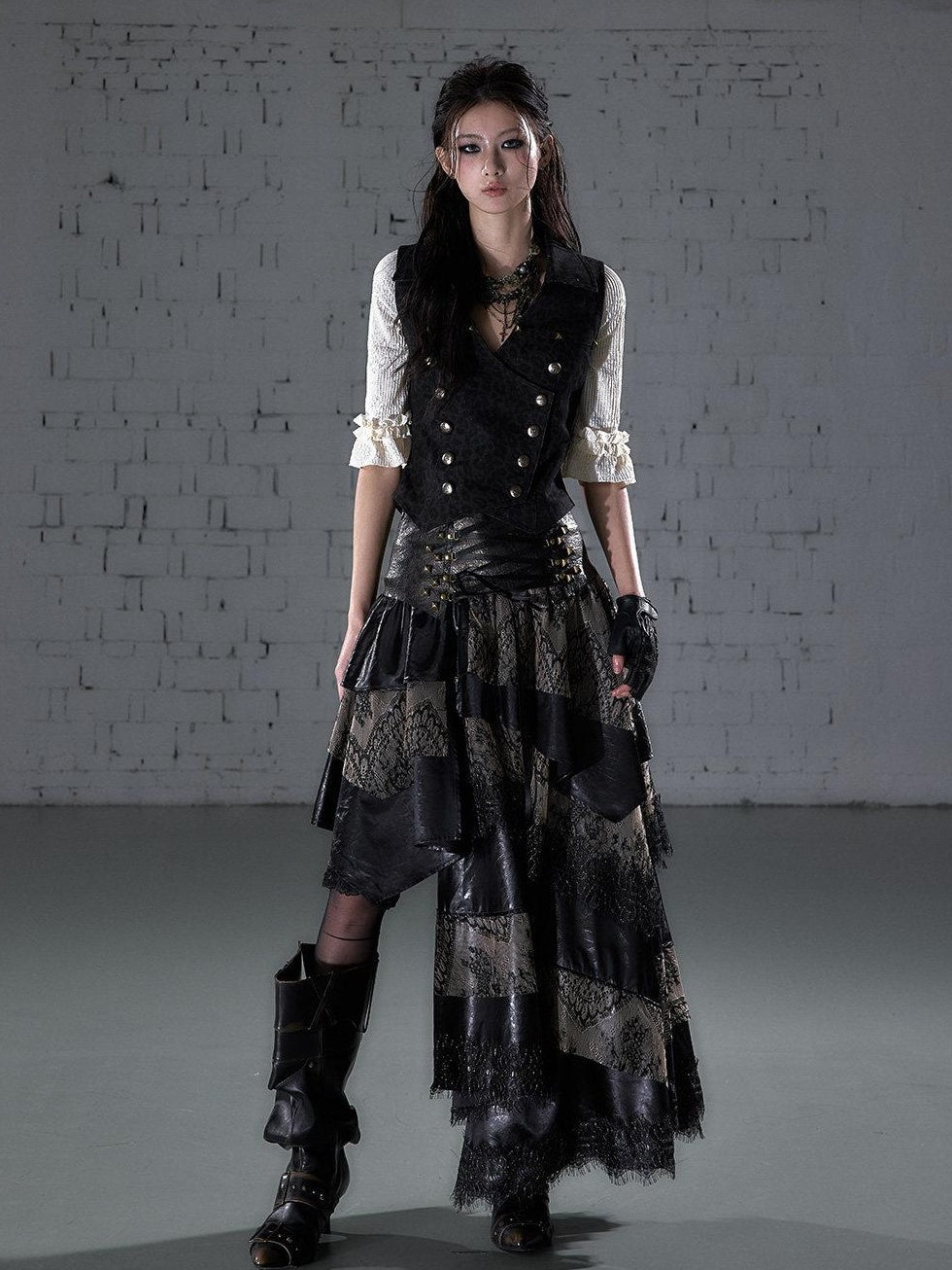 NO ROMANCE Elegant Lace Asymmetric Tie Patchwork Mid Waist For Women Midi Skirts